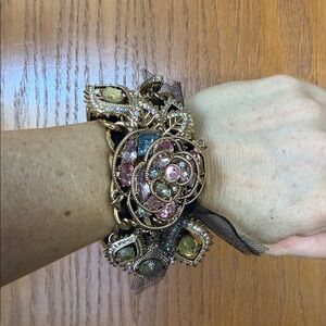 Golden Statement Bracelet with Pink and Iridescent inspired Stones